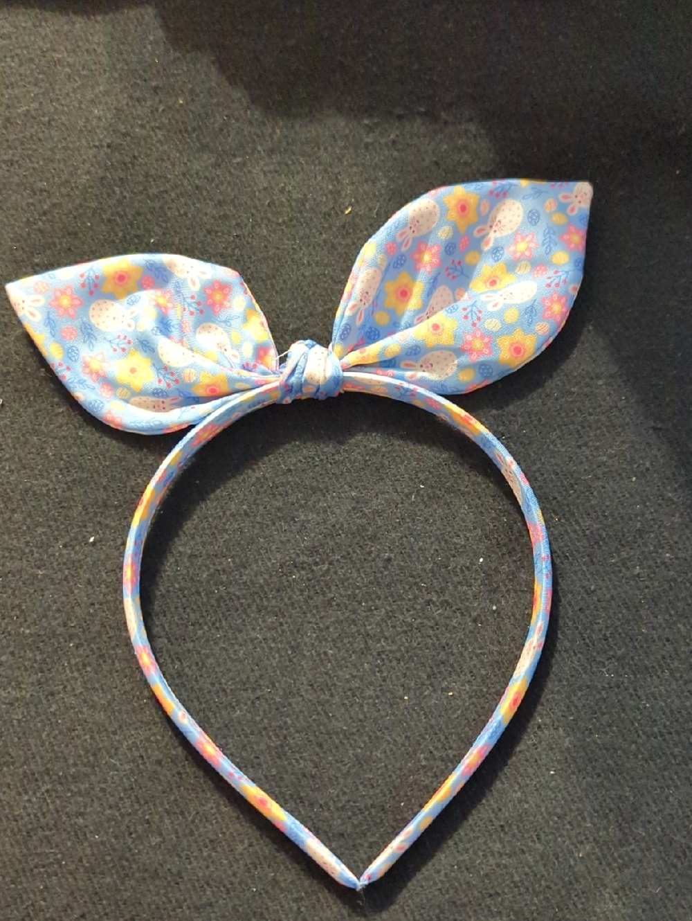 Kids Bow Headband in Blue & Yellow Easter Bunny And Flowers